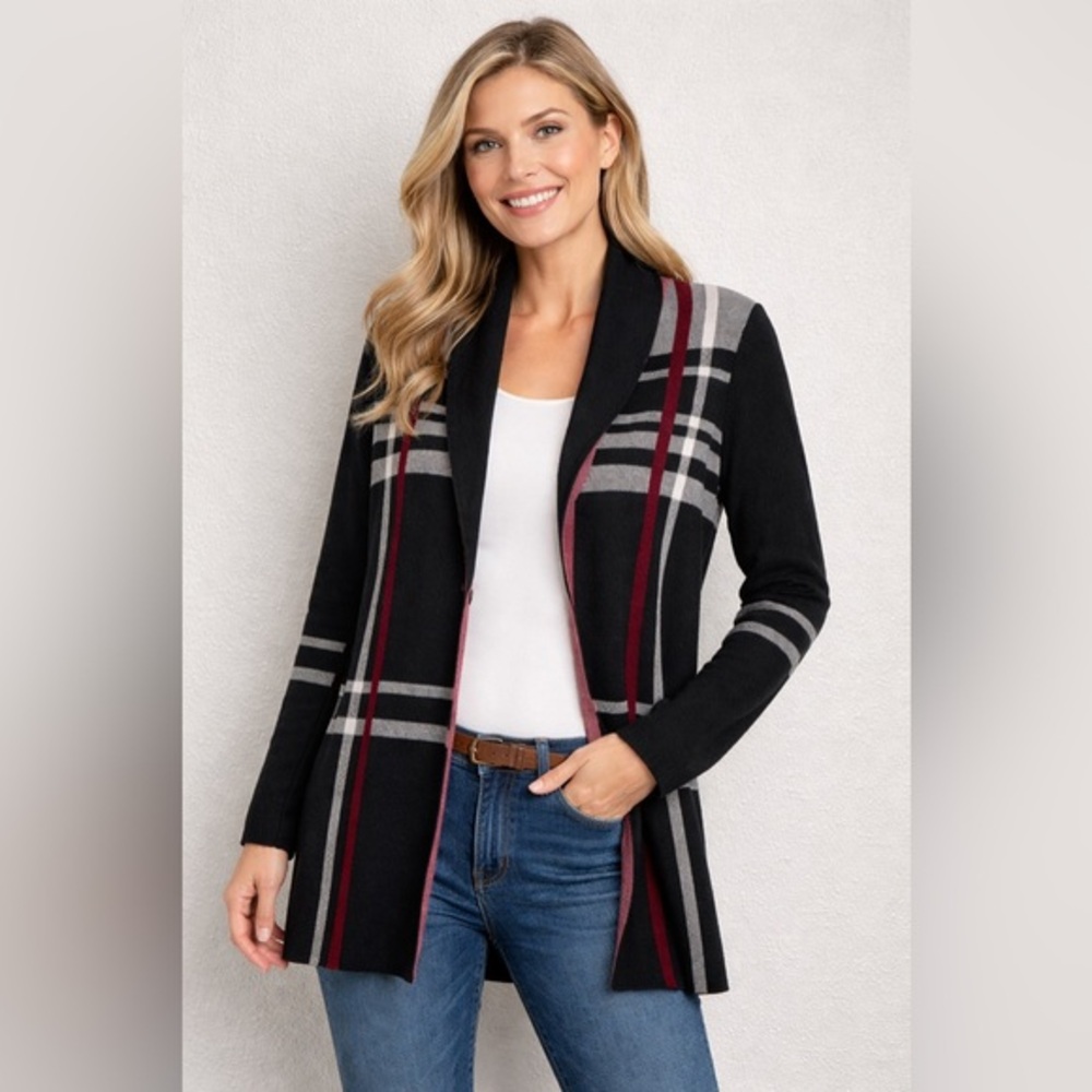 Charter Club Plaid Open Cardigan Black Red Women’s Size M